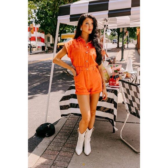 NWT SWEET DUET DISTRESSED DENIM ROMPER IN ORANGE Size Large - Picture 15 of 16